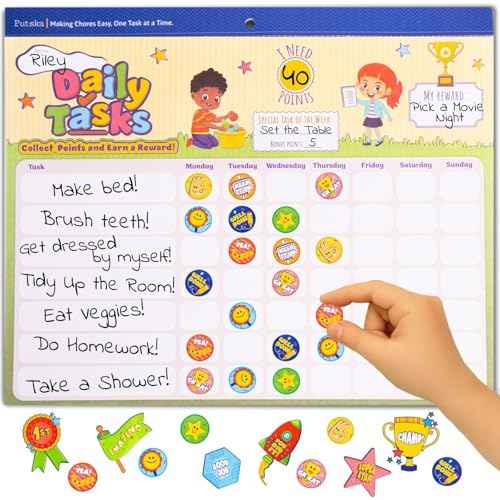 PUTSKA Behavior Reward Chart for Kids ? Includes 26 Chore Charts & 1528 Stickers ? Magnetic Chore Chart for Multiple Kids at Home to Build Responsibility & Positive Habits (Reward Chart)