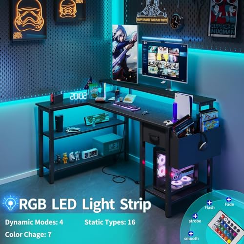 Lufeiya L Shaped Gaming Desk with Fabric Drawers and Storage Shelves, 47 inch Home Office Desk with Monitor Stand, Computer Desk with LED Lights and Power Outlets, Black