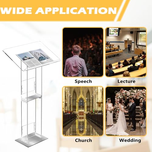 Koretech Clear Acrylic Podium Stand 43.5" with Adjustable Reading Surface, Heavy Base – Lectern for Church, Classroom, Weddings (Variation: Clear)