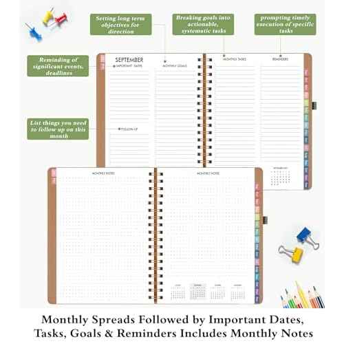 Monthly Planner 2025-2026, 15 Months Hardcover Calendar Planner from October 2025 - December 2026, 7.4'' x 9.6'' Monthly Planner with Tabs, Spiral Daily Planner Perfect for Office School Teacher Student, Green