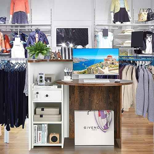 Tangkula Reception Desk, Front Counter Desk with Lockable Drawer & Adjustable Shelf, Oval Desktop, Retail Counter for Checkout, Computer Workstation for Salon Lobby Office, Home Office Desk