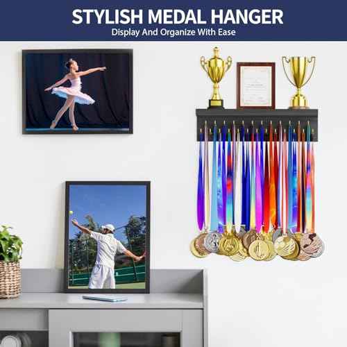 Medal Holder Display Trophy Shelf Organizer, Sturdy Wooden Race Award Hanger Rack with 25 Steel Hooks, Wall Mount Storage Stand for Sports Fans, Cheer Success