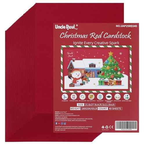 Uncle Paul 40 Sheets Christmas Red Cardstock - 8.5'' x 11'' Double-sided Cover Card Stock 65lb Printer Paper Perfect for Scrapbooking, Crafts, Business Cards 180gsm UAP25RE040