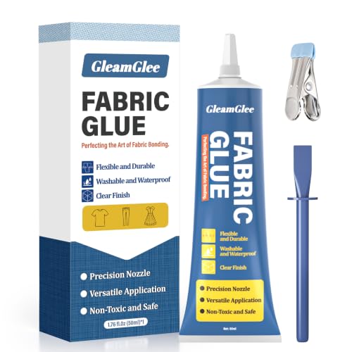 GleamGlee Clear Permanent Fabric Glue 1 Pack - Washable No-Sew Adhesive for Patches, Rhinestones & Clothing Repair
