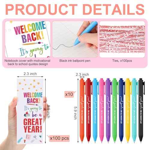 100 Set Welcome Back To School Supplies Gift Bulk Include Greeting Card with Tie and Inspirational Ballpoint Pen First Day of School Gift for Student Classmate Teacher Classroom (Vivid Color)