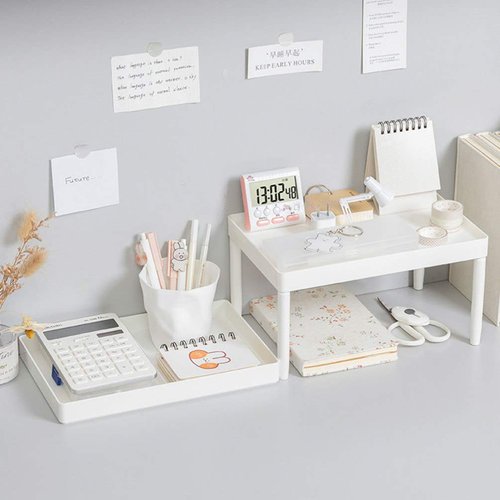 Hemoton Desktop Storage Rack Organizer Double-Layer Cosmetic Stationery Storage Holder Table Sundries Display Shelf for Kitchen Bathroom Office Dorm White