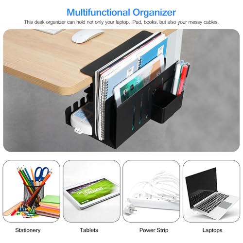 MAXECHO Desk Side Storage, Under Desk Laptop Mount, Table Side Hanging File Organizer, No Drill Clamp On Cable Management Tray, Laptop Holder with Magnetic Pen Holder for Office and Home, Load 22 Lbs