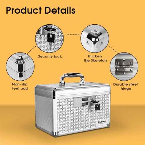 Glosen Medicine Lock Box Storage Lock Box Grey 12 X 7.68 X 7.87 Inch ¡¼Medium¡½ Lockable Dorm Storage Trunk with Key Lock - Briefcase, Lock Boxes for Personal Items