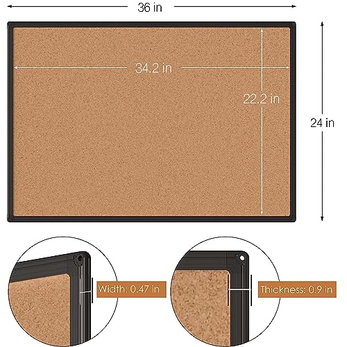 Board2by Cork Board Bulletin Board 24 x 36, Black Aluminium Framed 2 x 3 Corkboard, Office Board for Wall Cork, Large Wall Mounted Notice Pin Board with 16 Push Pins for School, Home & Office