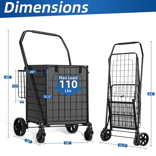 HABUTWAY Grocery Cart on Wheels for Groceries, Folding Shopping Carts with Liner, 110LBS Large Capacity Jumbo Grocery Cart with Dual Basket, 360¡Æ Rolling Laundry Cart, Lightweight Trolley for Senior