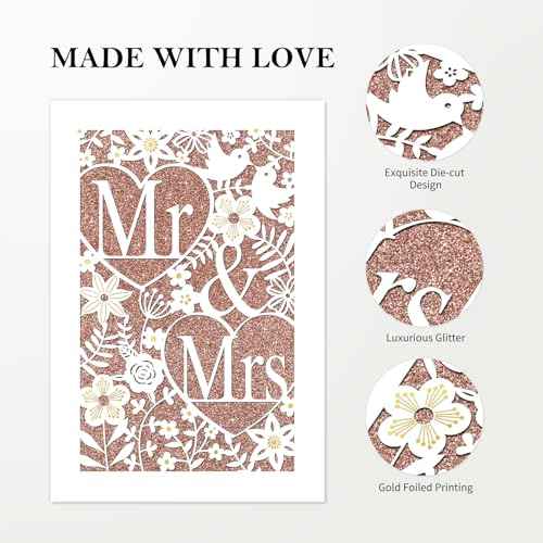 D24TIME Wedding Card for Bride and Groom - Elegant Die-Cut Floral and Birds Design with Glitter Champagne Gold - Personalized Wedding Congratuations Card with Envelope and Sticker 5.5x8in