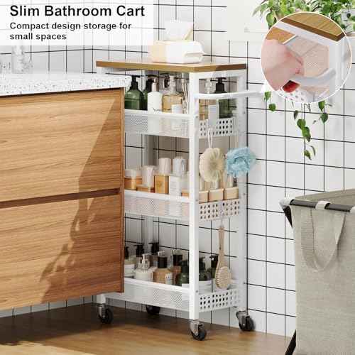 Slim Storage Cart 4 Tier Fruit and Vegetable Baskets for Kitchen Small Space, Narrow Rolling Cart on Wheels with Wooden Top and Metal Handle for Pantry, Bathroom, Laundry Room