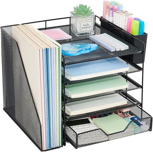 Gugsey Black 5-Tier Desk File Organizer with Drawer & Pen Holder