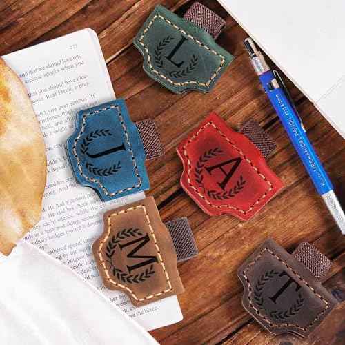 Personalized Bygone Mark Bookmark with Pen Holder, Leather Magnetic Bookmark 26 Letters Name Initial Bookmarks for Readers, Book Lover Gifts for Women Men Notebook Accessories (Brown, A)