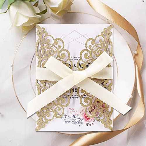 50Pcs Laser Cut Wedding Invitation With Glitter Envelopes And Ribbons Blank Personalized Card Invitaciones Para quincea?era Birthday Baby Shower Christmas Party Bridal Shower (Gold)