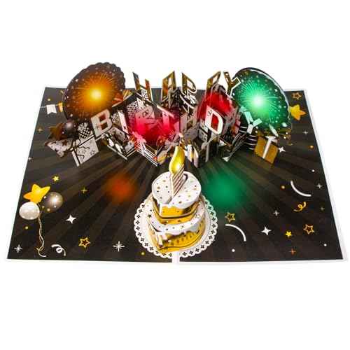 Ribbli Birthday Cards, Firework Pop Up Card with Light and Music, Musical Birthday Card for Men Women, 8.2 x 5.7 Inches with Envelope