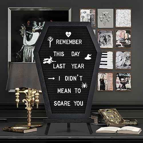 Coffin Letter Board - 520 Characters Spooky Halloween Characters with Wooden Stand and Canvas Bag - 16x11 Inches - Felt Message Board for Home Office Halloween Supplies & Decor (Black)