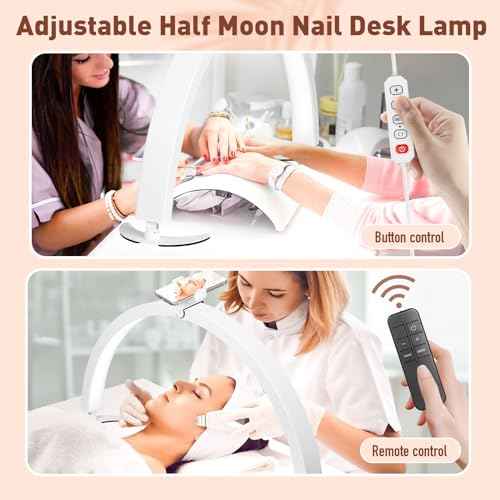 HITTI 29in Half Moon Light for Nail Desk with Phone Holder, Foldable Nail Tech Light, Lash Table Lamp with Wire Controller & Remote, 7 Color Modes 10 Brightness for Extension Tattoo Craft Beauty-White
