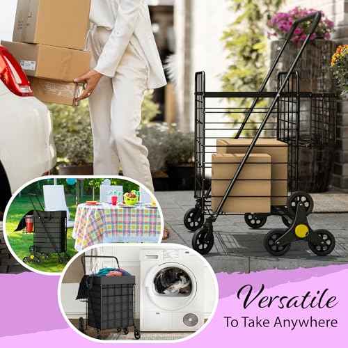 Stairs Climbing Shopping Cart w/Waterproof Basket Liner & 360¡Æ Swivel Wheels | Foldable Collapsible & Lightweight | Perfect for Groceries Laundry Utility Cart - Black