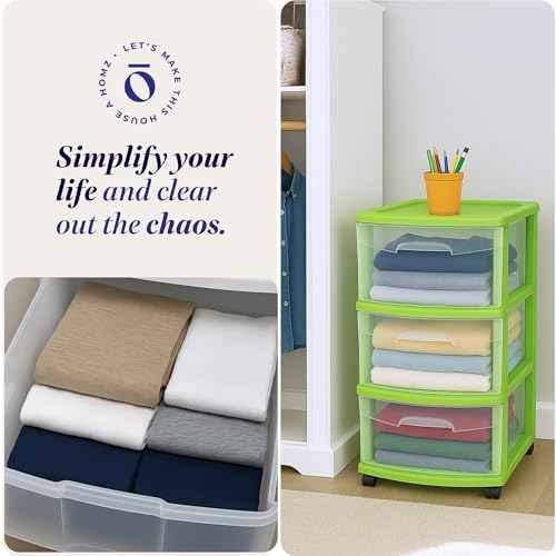 HOMZ Drawer Tower, 3-Tier Clear Plastic Storage Organizer Cart, Bold Lime Frame - Rolling Drawer Containers with Wheels for Bathroom, Bedroom, Office, and Classroom Organization
