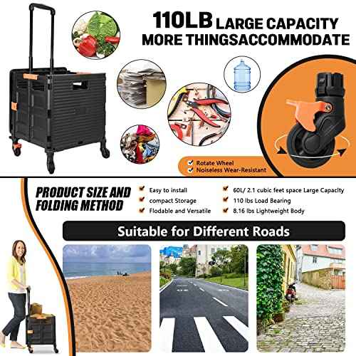 Foldable Utility Cart Folding Portable Rolling Crate Handcart Handcart Shopping Trolley Wheel Box with Lid,360¡ÆRotate Wheels,Heavy Duty Durable Dolly Cart for Teacher Tourist Shopping Office Outdoor