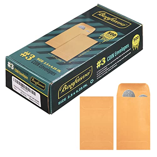 Bonfasvo 500 Pack #3 Brown Coin Envelopes 2.5 x 4.25 Inches Self-Adhesive Kraft Small Part Storage