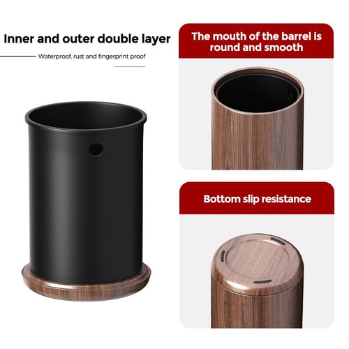 LEASYLIFE 8L/2.1GAL Modern Metal Waste Bin with Realistic Wood Texture,Built-in Bag Holder,Open-Top Trash Bin for Bathroom,Home,Office,Living Room (2.1gal Cone)
