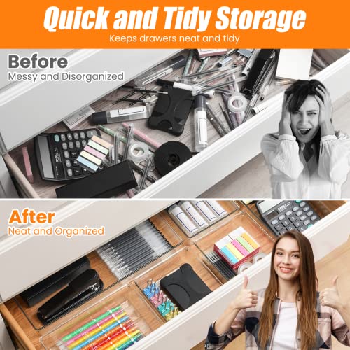Criusia 6 Pack Large Clear Drawer Organizer Set - Non-Slip Acrylic Storage Trays for Kitchen, Bathroom, Office & Makeup