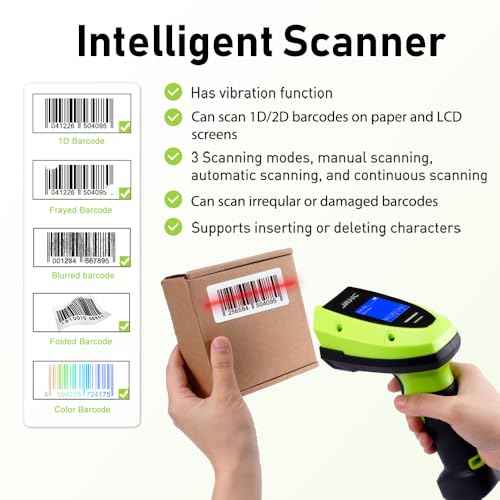 Barcode Scanner Wireless, 1D 2D Automatic Bar Code Scanner with 1.8 Inch Display Screen, Rechargeable Handhold Barcode Reader with 2.4G Wireless Dongle Built in Stand Plug and Play