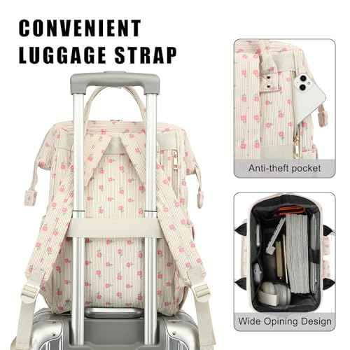 Women Corduroy College School Backpack Bookbag, 15.6 Inch Travel Laptop Backpack Casual Daypack (Flowers Pink)