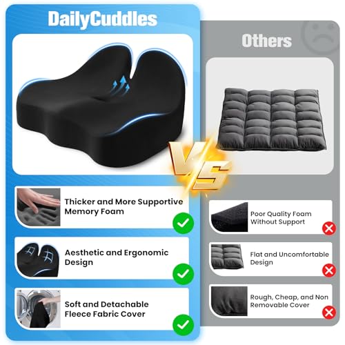 DailyCuddles Large Black Memory Foam Seat Cushion with Rabbit Ear Edges, Office Chair Pad