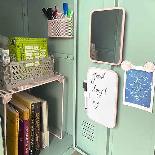 Pink Locker Accessories with Locker Shelf, Magnetic Mirror, Magnetic Pen Holder, Magnetic Small Whiteboard, Back to School Essentials Locker Decorations, 7 Piece Locker Organizer for Work