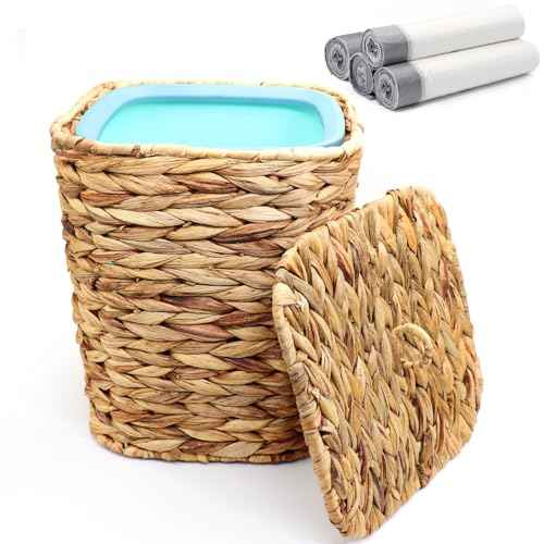 3 Gallons Wicker Waste Basket Can with Lid & Liner, Handwoven Wastebasket Wastepaper Basket with 60Pcs Bag, Wicker Trash Garbage Rubbish Can Bin Basket for Bedroom Bathroom Kitchen Office