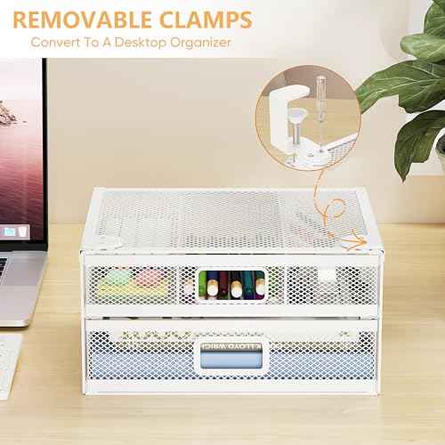 Sliding Under Desk Drawer Organizer No Drilling 2 Drawers Slide Out Desktop Or Under Table Storage Metal Clamp On Desk Drawer Attachment Anti-Slip Desktop Organizer for Home & Office, White