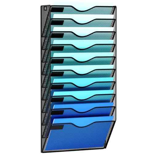 10 Pockets Mesh Hanging Wall File Holder Organizer Wall Mounted Paper Magazine Rack, Black