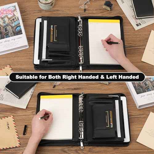 KISSKI Small A5 Planner Binder Portfolio for Men, 6 Ring Leather Zippered Padfolio Organizer with 1pc Notepad, Resume Document Folders for 5.5 x 8.5 Notepad, Tablet for iPad mini/iPad Air 2, Black