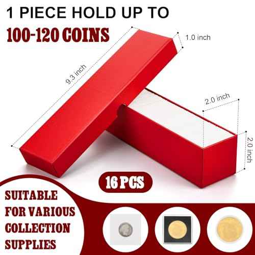 Teling 16 Pcs Coin Storage Box 2x2inch Flip Holders Collectors Coin Supplies Holders for Cents Collection Cardboard (Red)