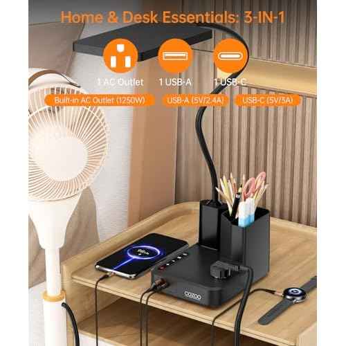 Desk Lamp, COZOO LED Desk Lamps for Home Office with USB Charging Port/Outlet/Organizer,Desk Lamp for College Dorm Eye-Caring Study Light,Gooseneck Table Lamp with Pen Holders/Storage,9 Lighting Modes