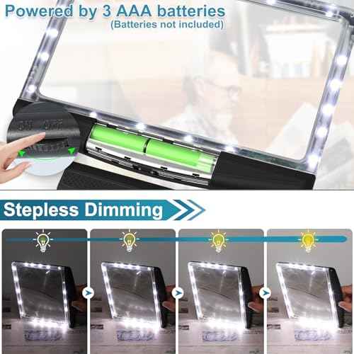 5X Magnifying Glass for Reading, Large Bright LED Lighted Full Page Magnifier, Lightweight Rectangular Handheld Magnifier with Light for Reading Small Prints for Seniors, Low Vision