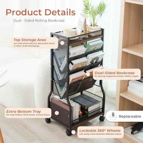 8-Tier Rolling File Cart with Lockable Wheels, Dual-Sided Storage Organizer and Bookshelf, Easy Assembly Space-Saving Cart for Home, Office & Classroom