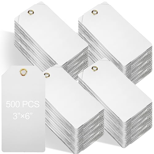 Thyle 500 Pcs Blank Plastic Shipping Tags with Wire Waterproof Labeling Hang Tags with String and Holes for Luggage Inventory Name Price Clothing Bag(3" x 6",White)
