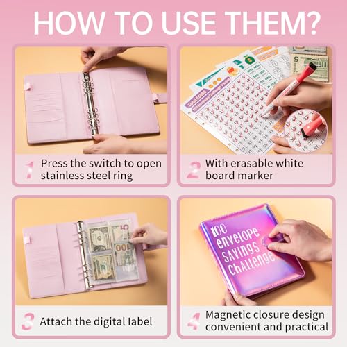 Pink Money Saving Binder with Envelope Challenge, 100 Slots, Compact Budget Organizer