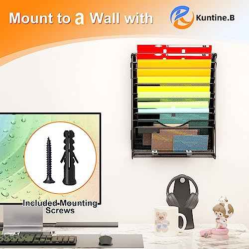 Kuntine.B 7-Tier Hanging File Organizer Vertical Wall File Organizer Wall File Holder, Mesh Magazine Rack Mail Document Organizer for Office School Home (Black, 2 Pack)