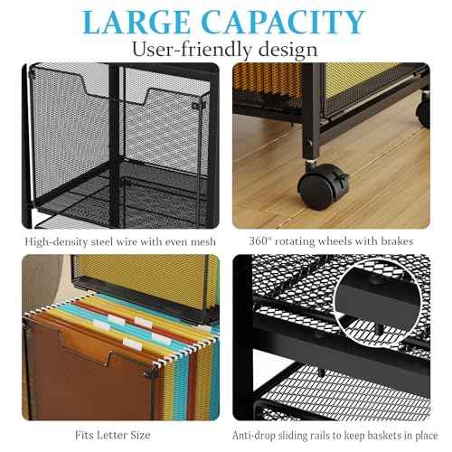Rolling File Cart with 2 Storage Drawers, Under Desk Storage, Hanging File Folder Organizer with Wheels, Printer Stand Utility Craft Cart Filing Cabinet for Home Office,Black