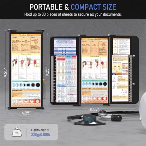 HOZOL Black Foldable Nursing Clipboard with Cheat Charts & Pen Pocket