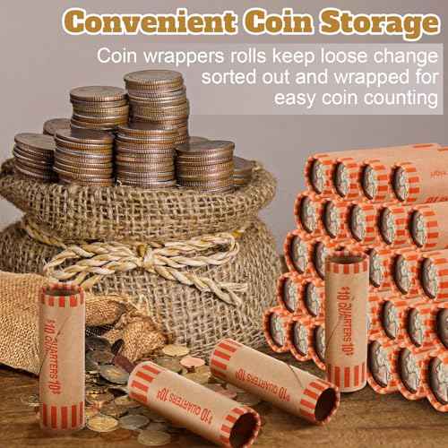 360 Pcs Preformed Coin Wrappers Quarter Rolls Wrappers Bulk Quarter,Pennies,Dimes Coin Rolls for Bank and Office(Orange)