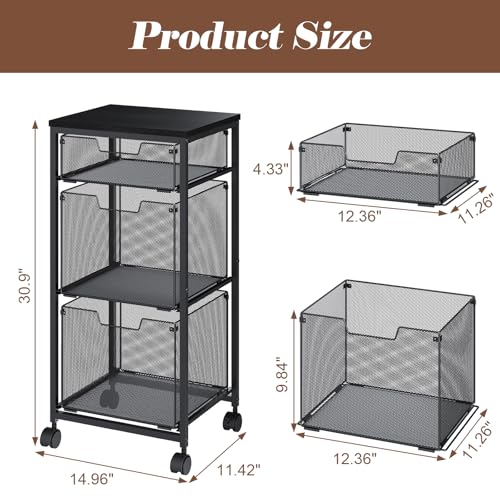 3 Drawer Mobile File Cabinet for Home Office, Rolling Filing Cabinet on Lockable Wheels, Hanging File Folders Organizer, Utility Cart Storage and Organizer, Printer Stand, Black