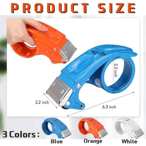 12 Pcs 2 Inch Packing Tape Dispenser Gun Heavy Duty Metal Tape Gun for Packing Boxes Wide Tape Gun for Handheld Sealing Cutter Warehouse Tools, White, Orange, Blue