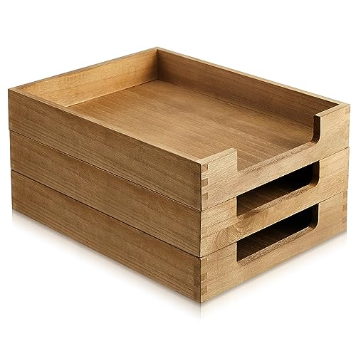 Fulmoon 3 Pcs Stackable Wood Letter Tray A4 Size Desk Tray Organizer Wooden Office Documents Tray Desktop Mail File Folder Document Magazine Storage