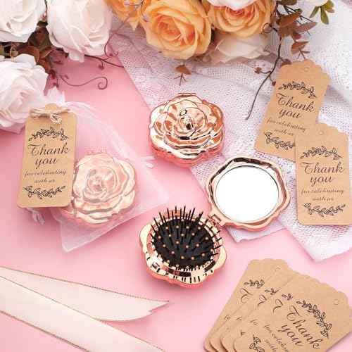 24 Sets Rose Compact Mirrors Brush Bulk Quinceanera Party Favors for Guests Travel Mirror Thank You Gifts Bulk for Sweet 16 15 Party Favors Bridal Shower Wedding Souvenirs(Rose Gold)